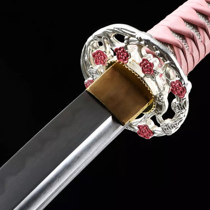 Full Tang Katana ,Handmade Japanese T10 Katana Steel katana Clay Tempered with Pink Scabbard，Real hamon,Real katana sowrd