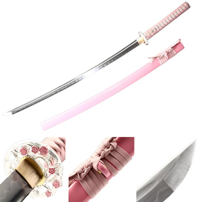 Full Tang Katana ,Handmade Japanese T10 Katana Steel katana Clay Tempered with Pink Scabbard，Real hamon,Real katana sowrd