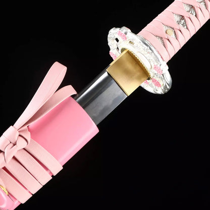 Full Tang Katana ,Handmade Japanese T10 Katana Steel katana Clay Tempered with Pink Scabbard，Real hamon,Real katana sowrd