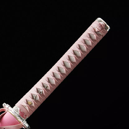 Full Tang Katana ,Handmade Japanese T10 Katana Steel katana Clay Tempered with Pink Scabbard，Real hamon,Real katana sowrd
