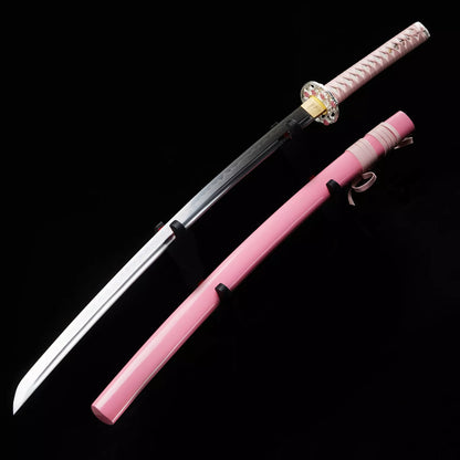 Full Tang Katana ,Handmade Japanese T10 Katana Steel katana Clay Tempered with Pink Scabbard，Real hamon,Real katana sowrd