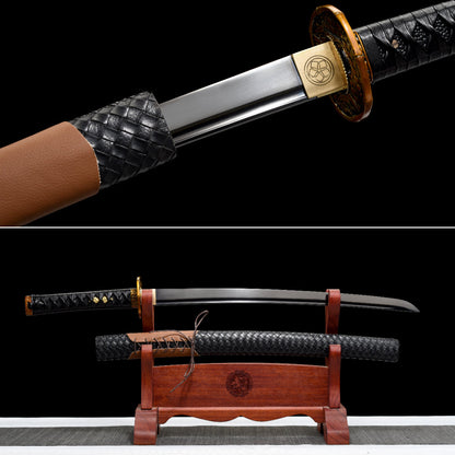 Handmade Wakizashi Sword High manganese steel With Black leather Scabbard - 31 in,Real katana sowrd