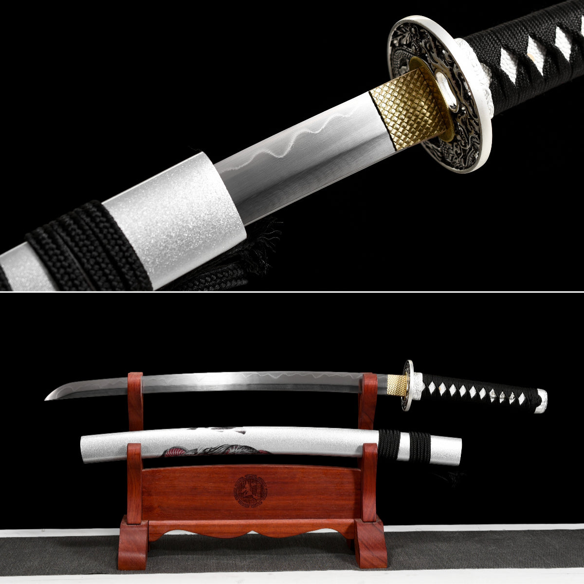Handmade Wakizashi Sword Damascus steel With white leather Scabbard - 31 in,Real katana sowrd