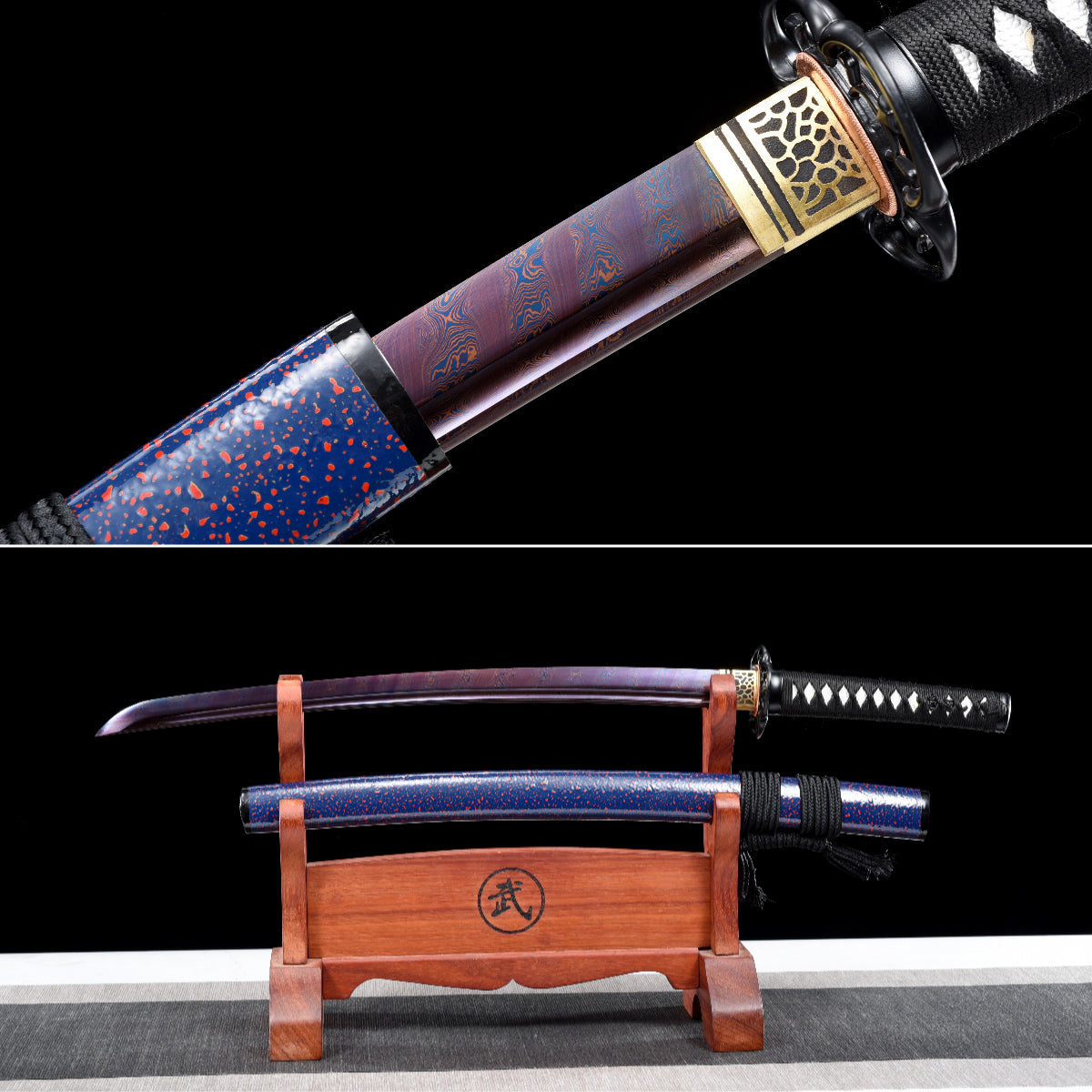 Handmade Wakizashi Sword  Red Damascus steel With Blue Scabbard - 31 in,Real katana sowrd