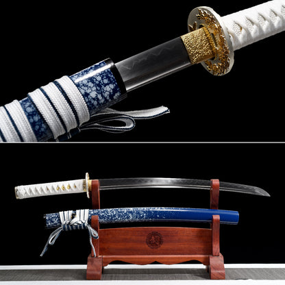 Handmade Full Tang Wakizashi Sword T10 Carbon Steel Clay Tempered Blade Blue scabbard - 31 in,Real katana sowrd