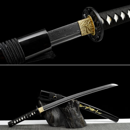 Handmade Wakizashi Sword Black Damascus steel With Black Scabbard - 31 in,Real katana sowrd