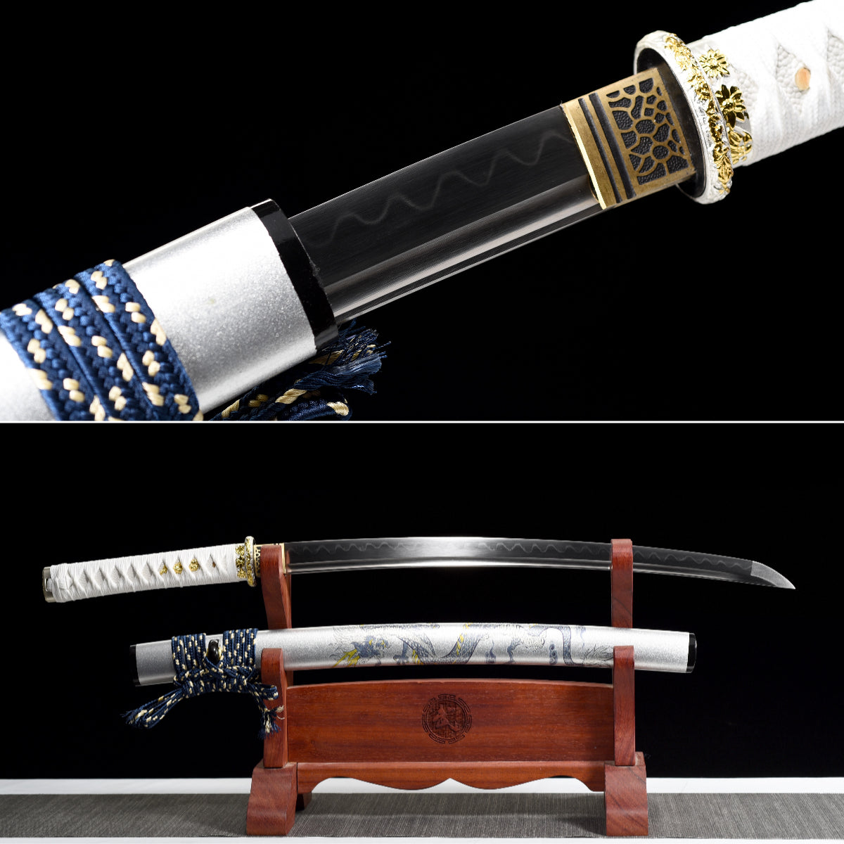 Handmade Full Tang Wakizashi Sword Damascus Steel  Clay Tempered Blade White printed scabbard - 31 in,Real katana sowrd