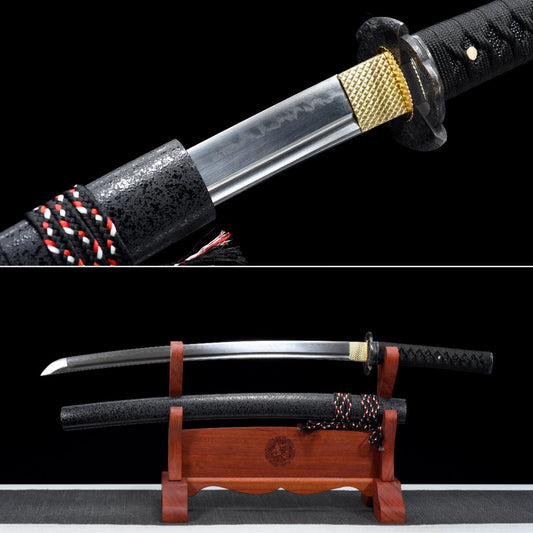 Handmade Full Tang Wakizashi Sword T10 Steel  Clay Tempered Blade Black scabbard - 31 in,Real katana sowrd