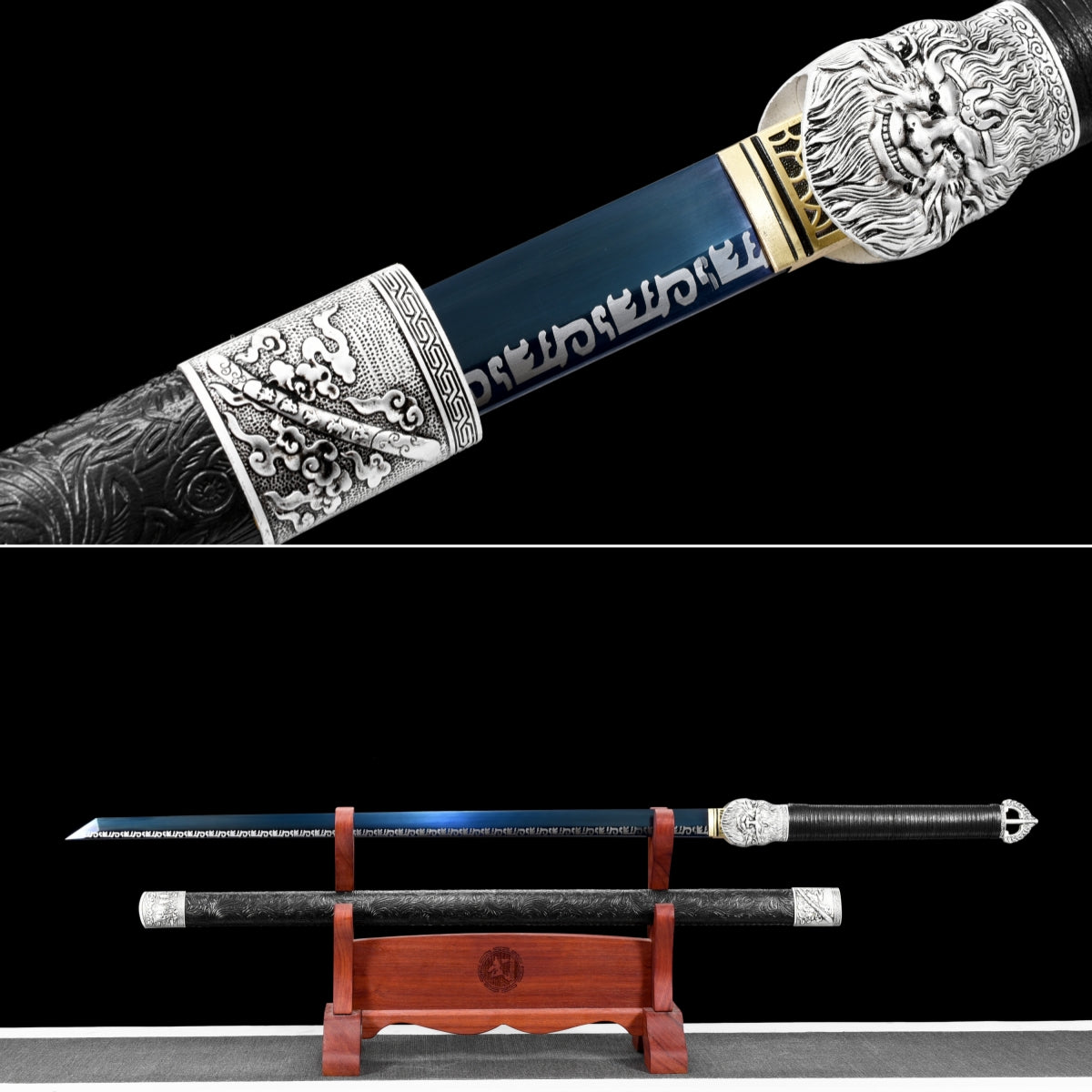 Handmade Ninja Sword Spring steel blue blade full Tang Black leather sheath - 42 in,Real katana sowrd