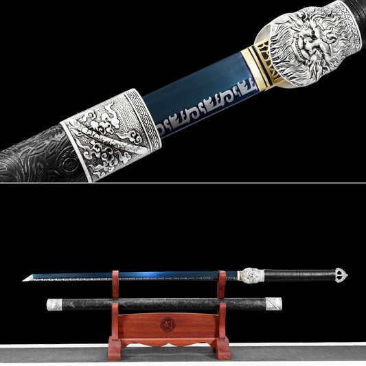 Handmade Ninja Sword Spring steel blue blade full Tang Black leather sheath - 42 in,Real katana sowrd