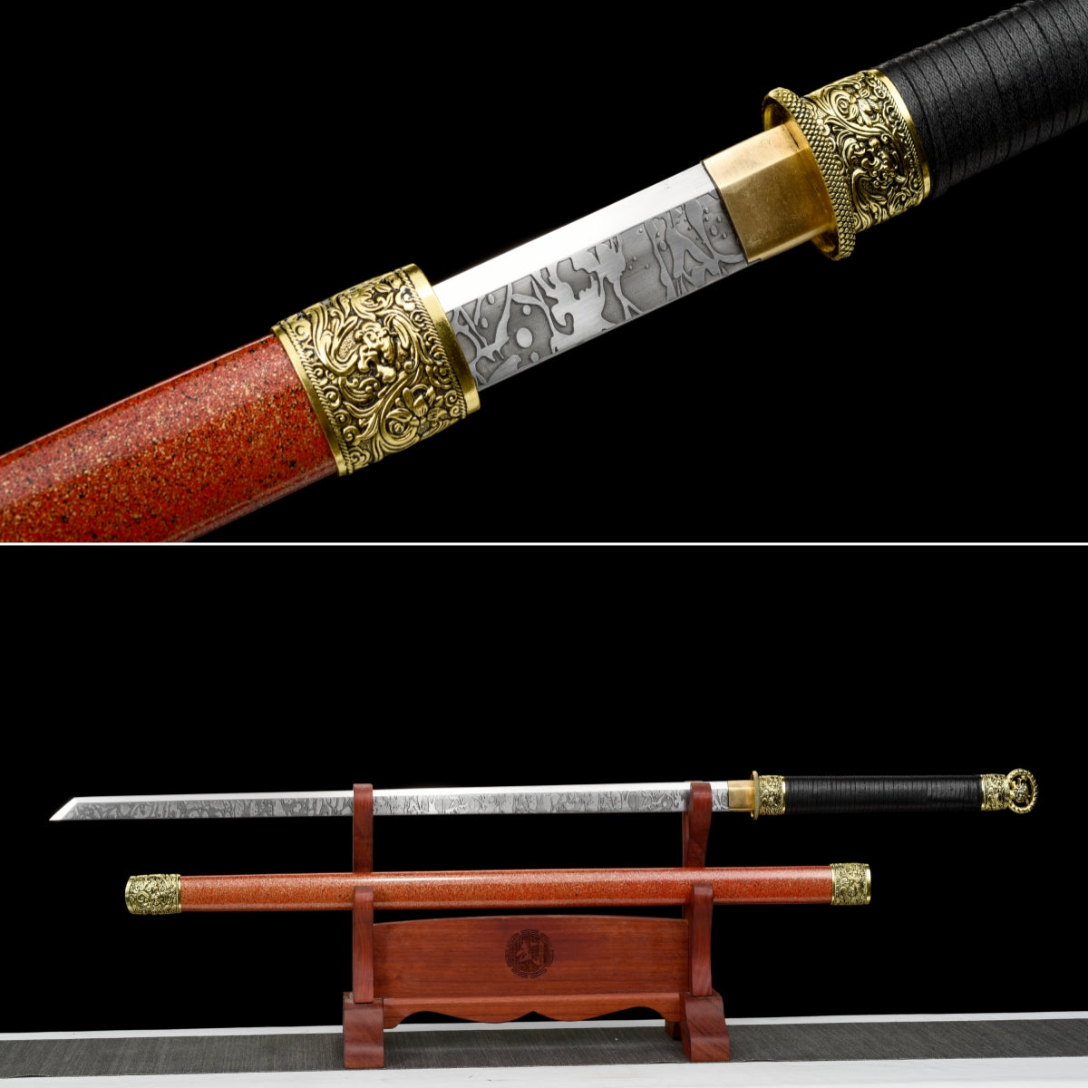 Handmade Ninja Sword Spring steel Carved pattern blade full Tang Red spot sheath - 42 in,Real katana sowrd