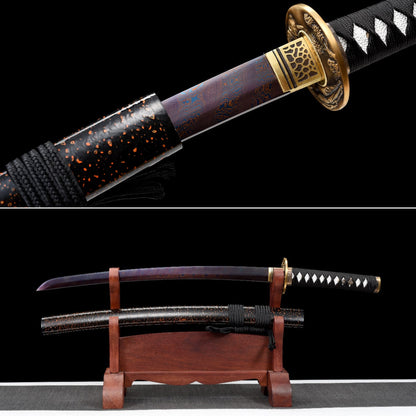 Handmade Wakizashi Sword  Blue Damascus steel With Black Scabbard - 31 in,Real katana sowrd
