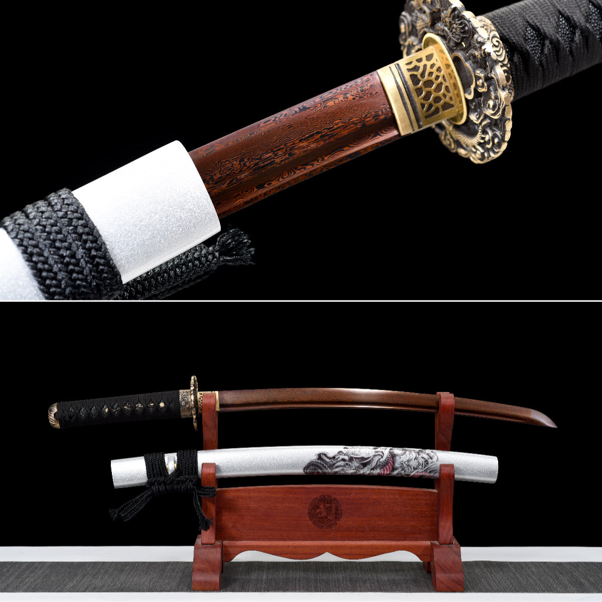 Handmade Wakizashi Sword Red Damascus steel With white leather Scabbard - 31 in,Real katana sowrd