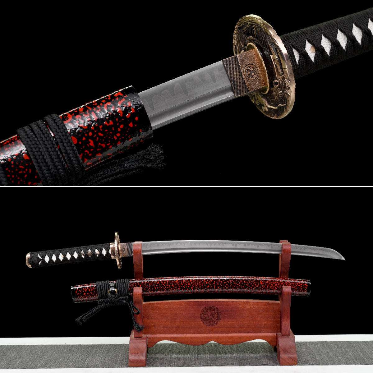 Handmade Full Tang Wakizashi Sword T10 Carbon Steel Clay Tempered Blade Red spotted scabbard - 31 in,Real katana sowrd