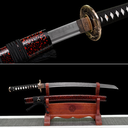 Handmade Full Tang Wakizashi Sword T10 Carbon Steel Clay Tempered Blade Red spotted scabbard - 31 in,Real katana sowrd