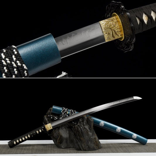 Handmade Full Tang Wakizashi Sword T10 Carbon Steel With Clay Tempered Blade - 31 in,Real katana sowrd