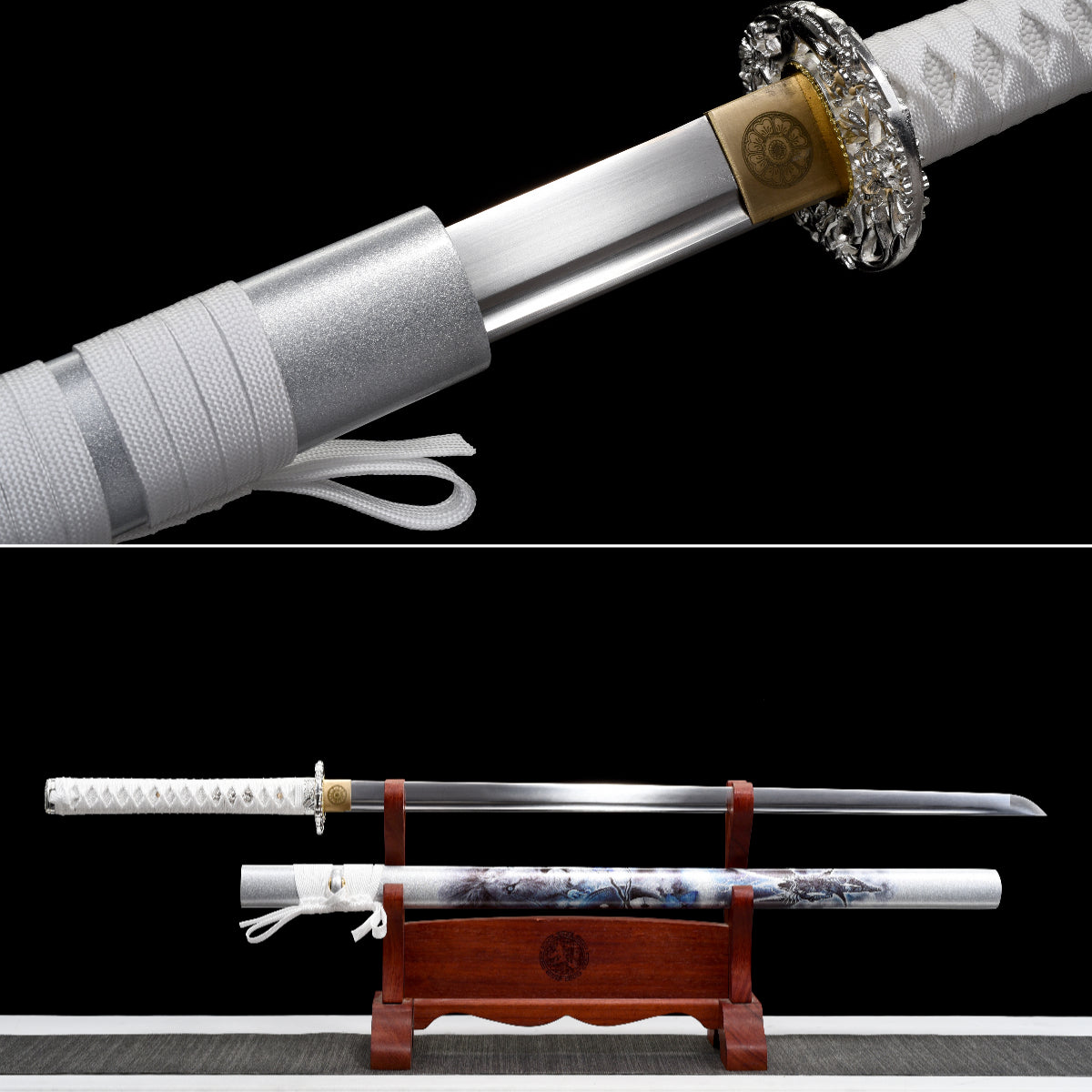 Handmade Ninja Sword Spring steel  blade full Tang White printed sheath - 41 in,Real katana sowrd