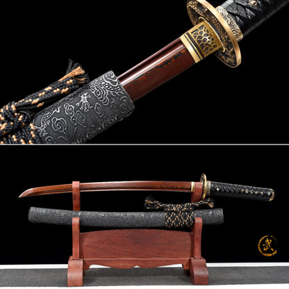 Handmade Wakizashi Sword Red Damascus steel With Black leather Scabbard - 31 in,Real katana sowrd
