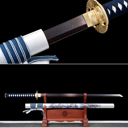 Handmade Ninjato Sword Red Damascus steel steel Full Tang White printing scabbard Blue rope handle white ray skin  - 41 in,Real katana sowrd