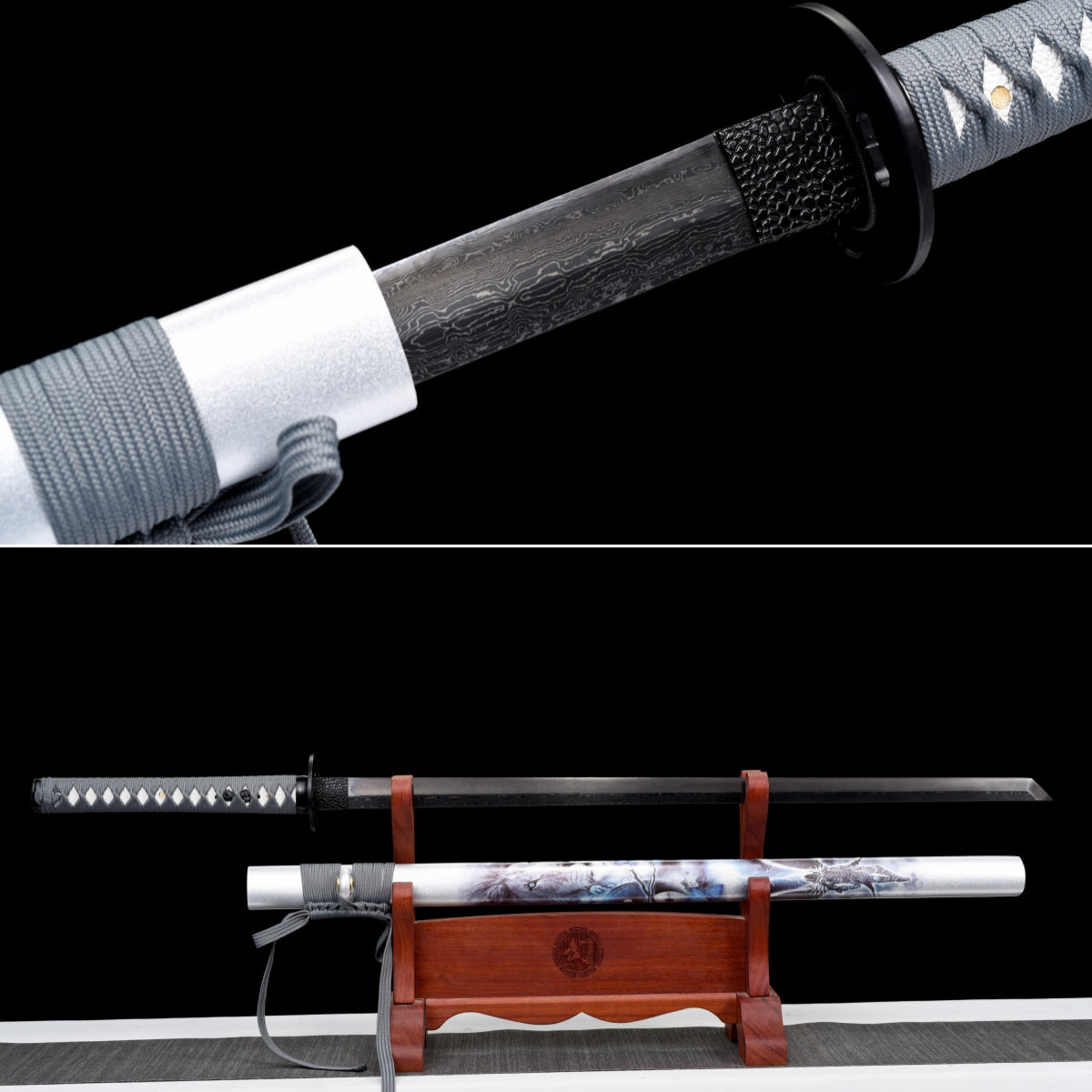 Handmade Ninjato Sword Black Damascus steel steel Full Tang White printing scabbard gray rope handle white ray skin  - 41 in,Real katana sowrd