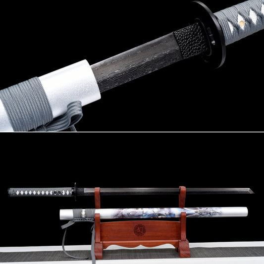Handmade Ninjato Sword Black Damascus steel steel Full Tang White printing scabbard gray rope handle white ray skin  - 41 in,Real katana sowrd
