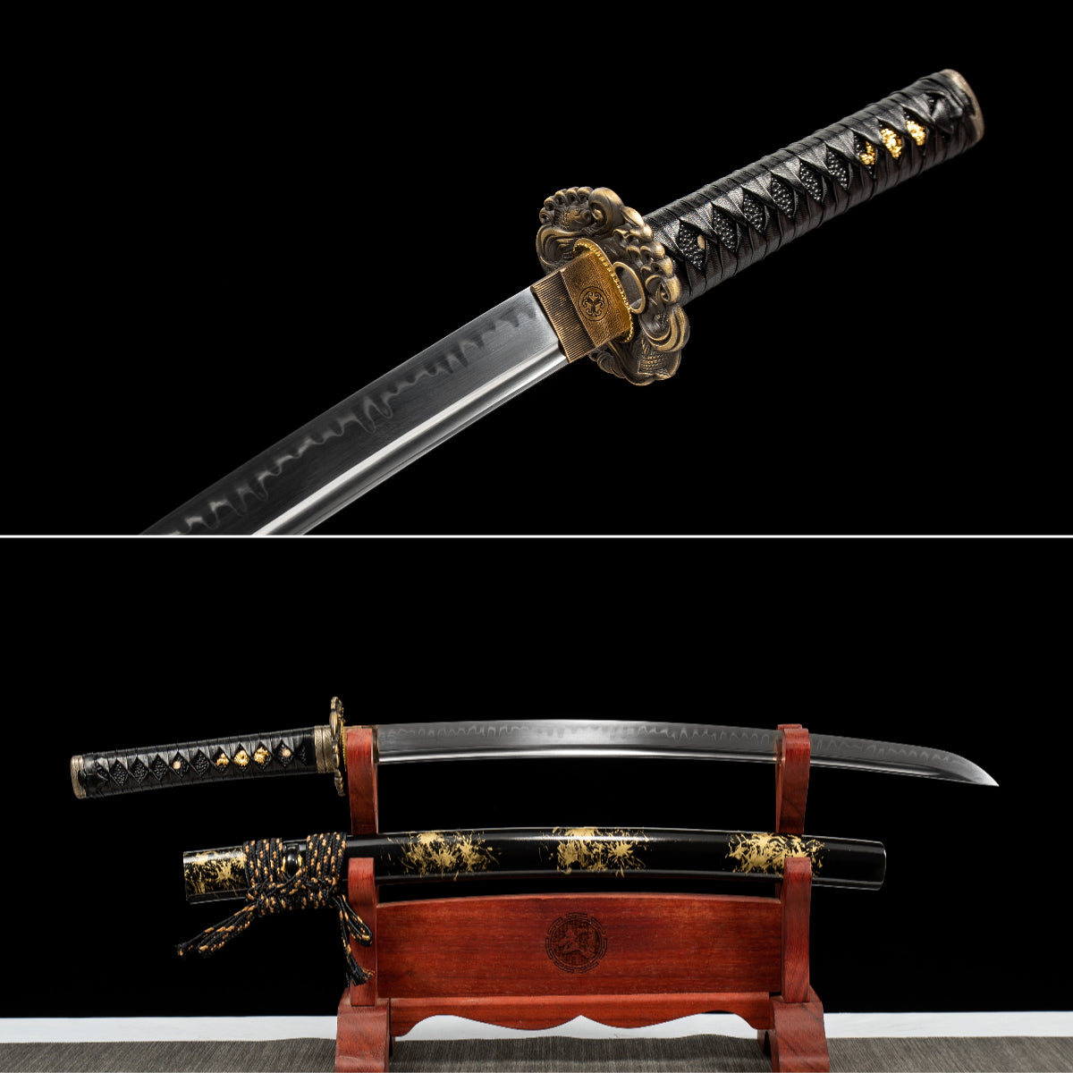 Handmade Full Tang Wakizashi Sword Damascus Steel  Clay Tempered Blade Black printed scabbard - 31 in,Real katana sowrd