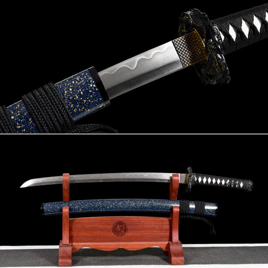 Handmade Full Tang Wakizashi Sword Damascus Steel  Clay Tempered Blade Blue scabbard - 31 in,Real katana sowrd