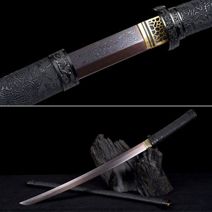 Handmade Wakizashi Sword Red Damascus steel With Black leather Scabbard - 31 in,Real katana sowrd