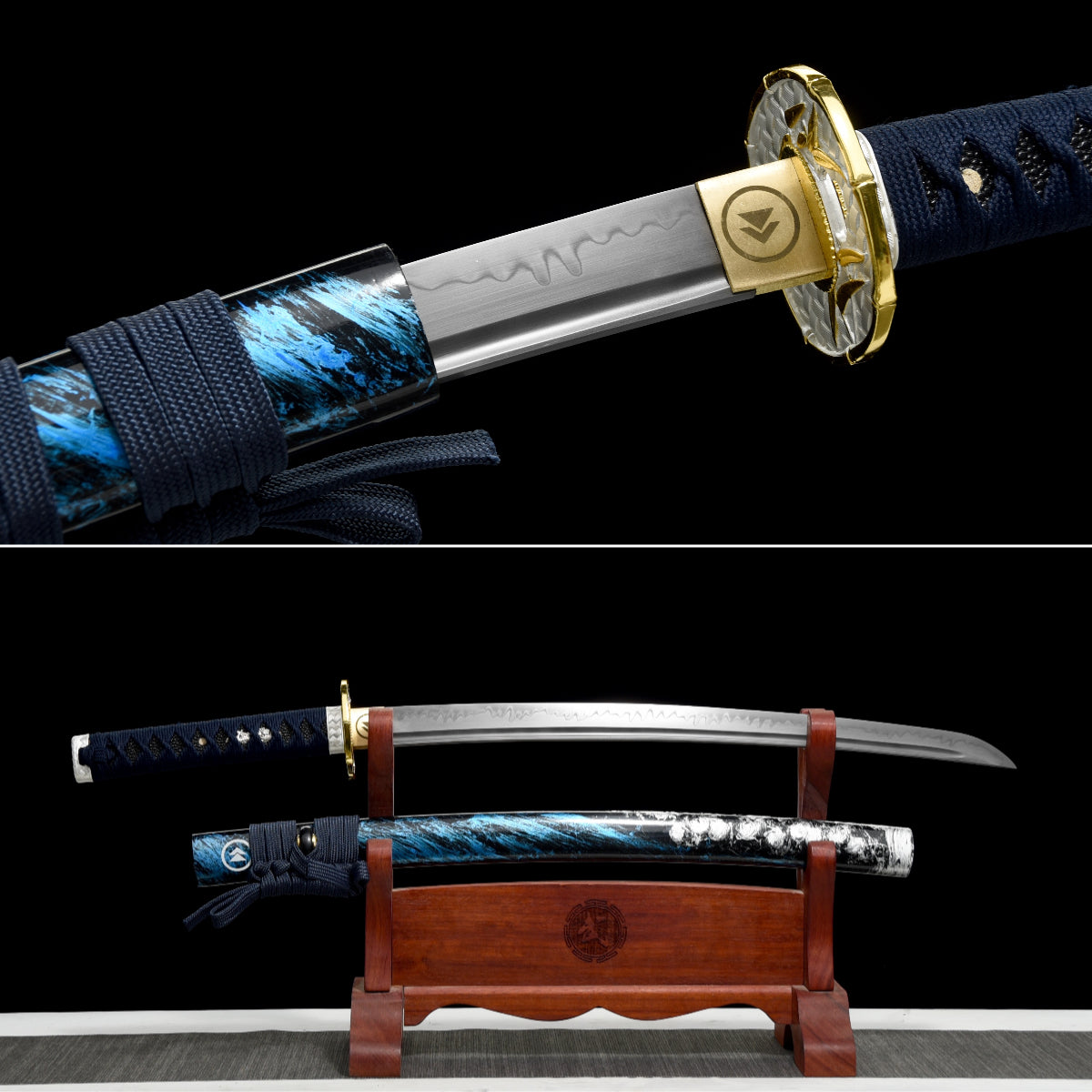 Handmade Full Tang Wakizashi Sword T10 Carbon Steel Clay Tempered Blade Blue scabbard - 31 in,Real katana sowrd