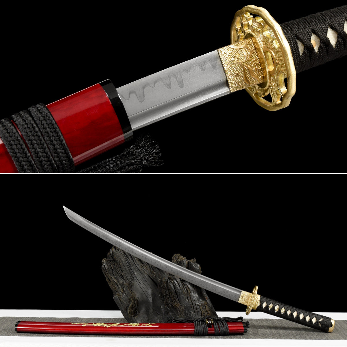 Handmade Full Tang Wakizashi Sword T10 Carbon Steel With Clay Tempered Blade Red printed sheath - 31 in,Real katana sowrd