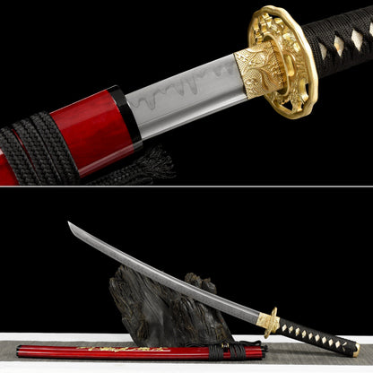 Handmade Full Tang Wakizashi Sword T10 Carbon Steel With Clay Tempered Blade Red printed sheath - 31 in,Real katana sowrd