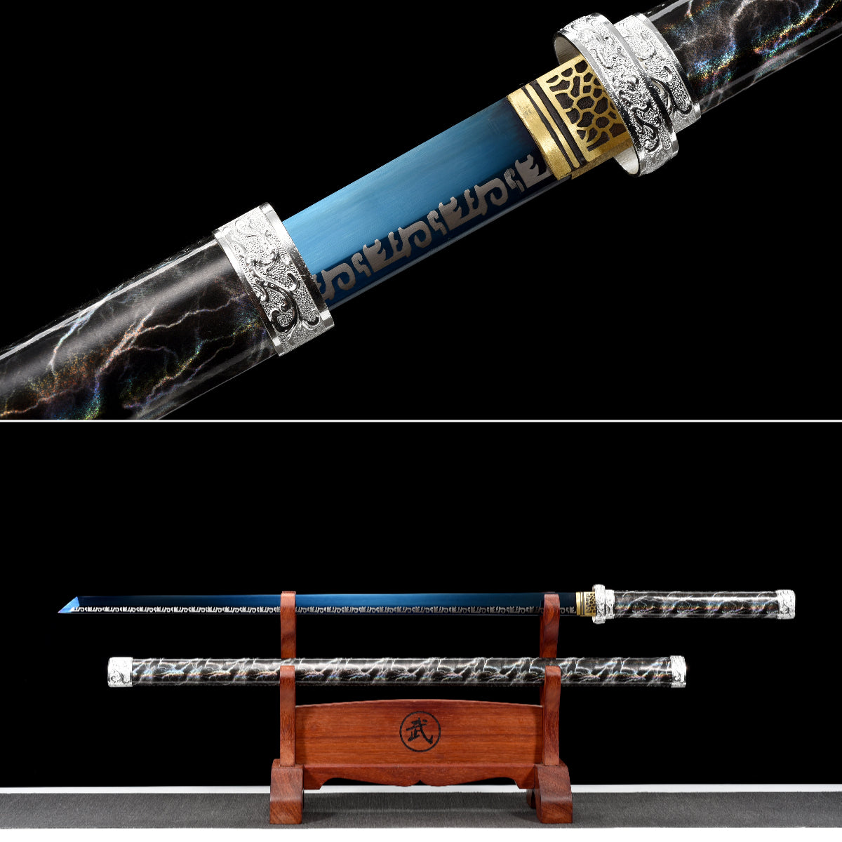 Handmade Ninja Sword High manganese steel Blue  blade full Tang blue Lightning theme sheath - 41 in,Real katana sowrd