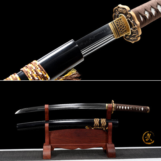 Handmade Full Tang Wakizashi Sword T10 Steel unokubi zukuri style blade Clay Tempered Blade Black printing scabbard - 31 in,Real katana sowrd