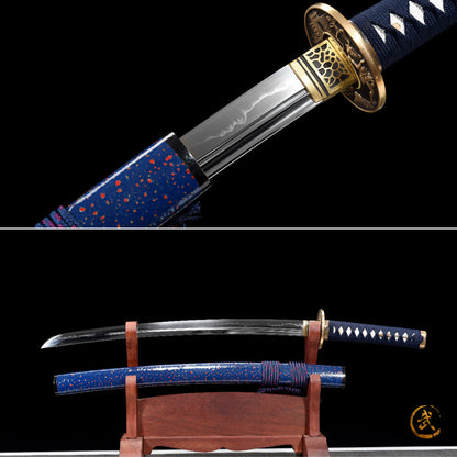 Handmade Full Tang Wakizashi Sword T10 Carbon Steel Clay Tempered Blade Blue spotted scabbard - 31 in,Real katana sowrd