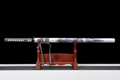 Handmade Ninjato Sword Black Damascus steel steel Full Tang White printing scabbard gray rope handle white ray skin  - 41 in,Real katana sowrd