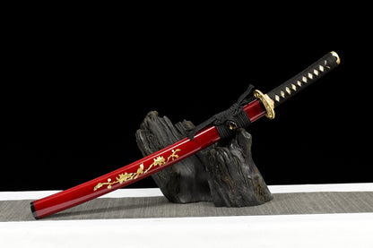 Handmade Full Tang Wakizashi Sword T10 Carbon Steel With Clay Tempered Blade Red printed sheath - 31 in,Real katana sowrd