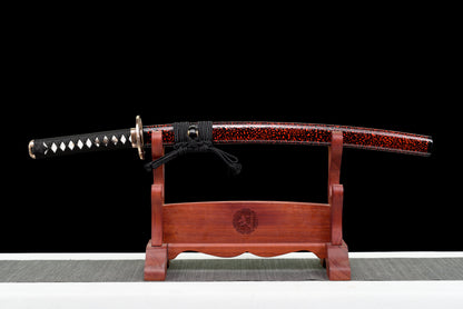 Handmade Full Tang Wakizashi Sword T10 Carbon Steel Clay Tempered Blade Red spotted scabbard - 31 in,Real katana sowrd