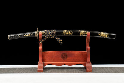 Handmade Full Tang Wakizashi Sword Damascus Steel  Clay Tempered Blade Black printed scabbard - 31 in,Real katana sowrd