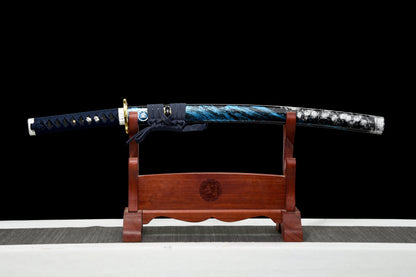 Handmade Full Tang Wakizashi Sword T10 Carbon Steel Clay Tempered Blade Blue scabbard - 31 in,Real katana sowrd