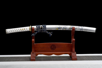 Handmade Full Tang Wakizashi Sword Damascus Steel  Clay Tempered Blade White printed scabbard - 31 in,Real katana sowrd