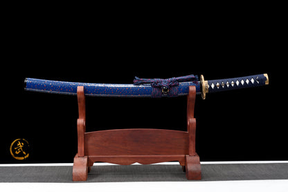 Handmade Full Tang Wakizashi Sword T10 Carbon Steel Clay Tempered Blade Blue spotted scabbard - 31 in,Real katana sowrd