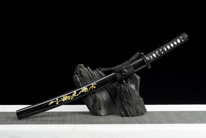 Handmade Wakizashi Sword Black Damascus steel With Black Scabbard - 31 in,Real katana sowrd