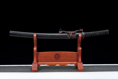 Handmade Full Tang Wakizashi Sword T10 Steel  Clay Tempered Blade Black scabbard - 31 in,Real katana sowrd