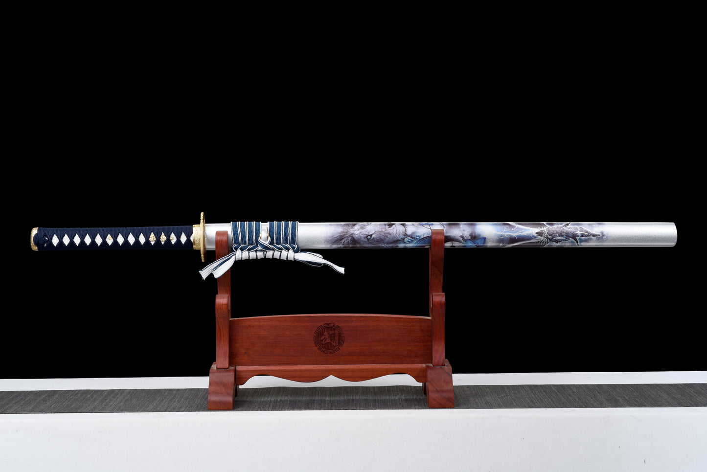 Handmade Ninjato Sword Red Damascus steel steel Full Tang White printing scabbard Blue rope handle white ray skin  - 41 in,Real katana sowrd