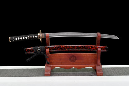 Handmade Full Tang Wakizashi Sword T10 Carbon Steel Clay Tempered Blade Red spotted scabbard - 31 in,Real katana sowrd