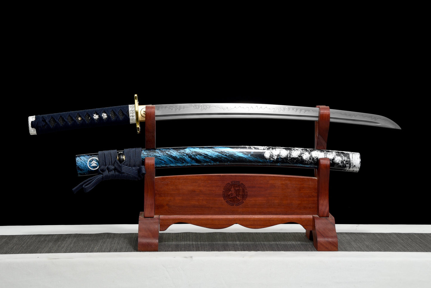 Handmade Full Tang Wakizashi Sword T10 Carbon Steel Clay Tempered Blade Blue scabbard - 31 in,Real katana sowrd