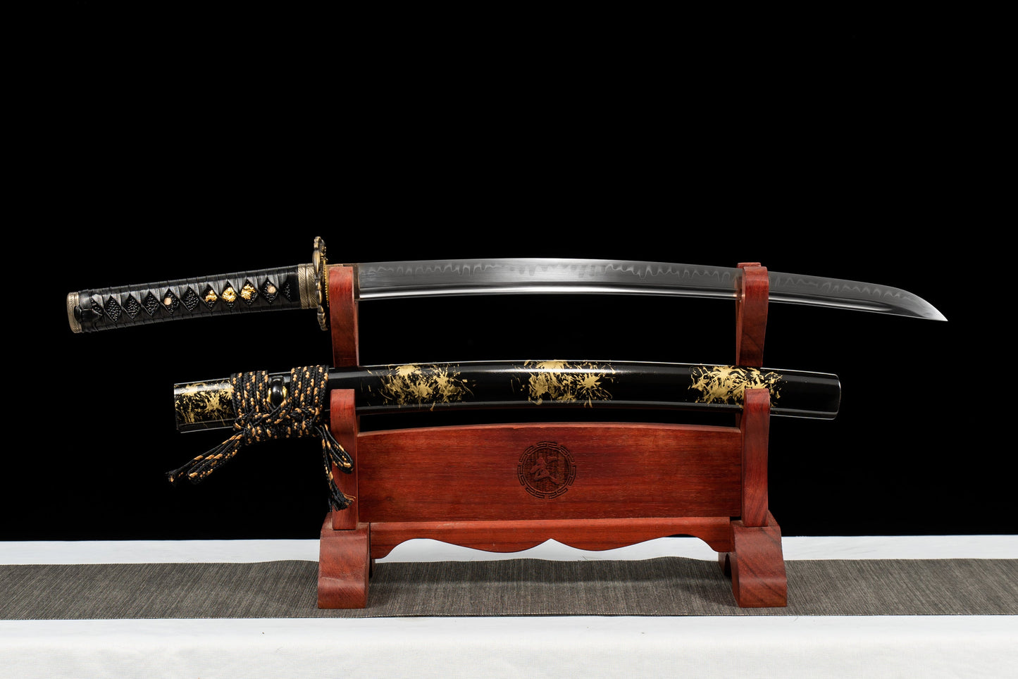 Handmade Full Tang Wakizashi Sword Damascus Steel  Clay Tempered Blade Black printed scabbard - 31 in,Real katana sowrd