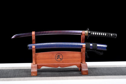 Handmade Wakizashi Sword  Red Damascus steel With Blue Scabbard - 31 in,Real katana sowrd