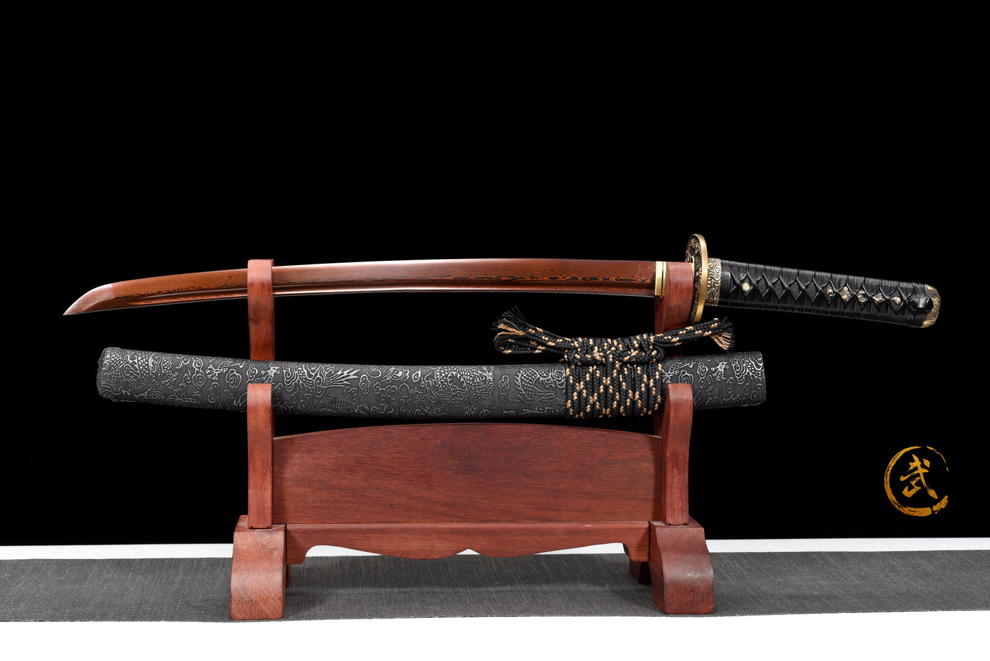 Handmade Wakizashi Sword Red Damascus steel With Black leather Scabbard - 31 in,Real katana sowrd