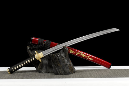 Handmade Full Tang Wakizashi Sword T10 Carbon Steel With Clay Tempered Blade Red printed sheath - 31 in,Real katana sowrd